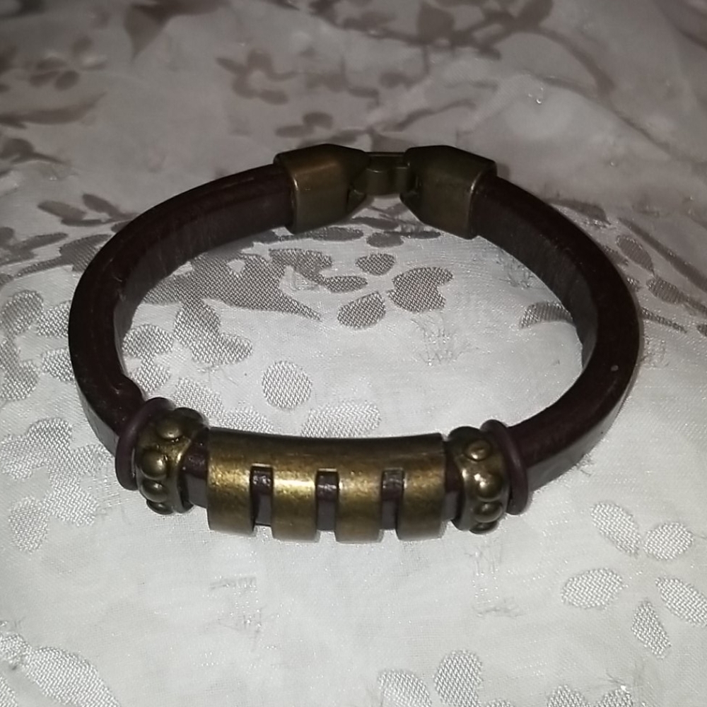 Aztec Chunky Leather and Brass Bracelet